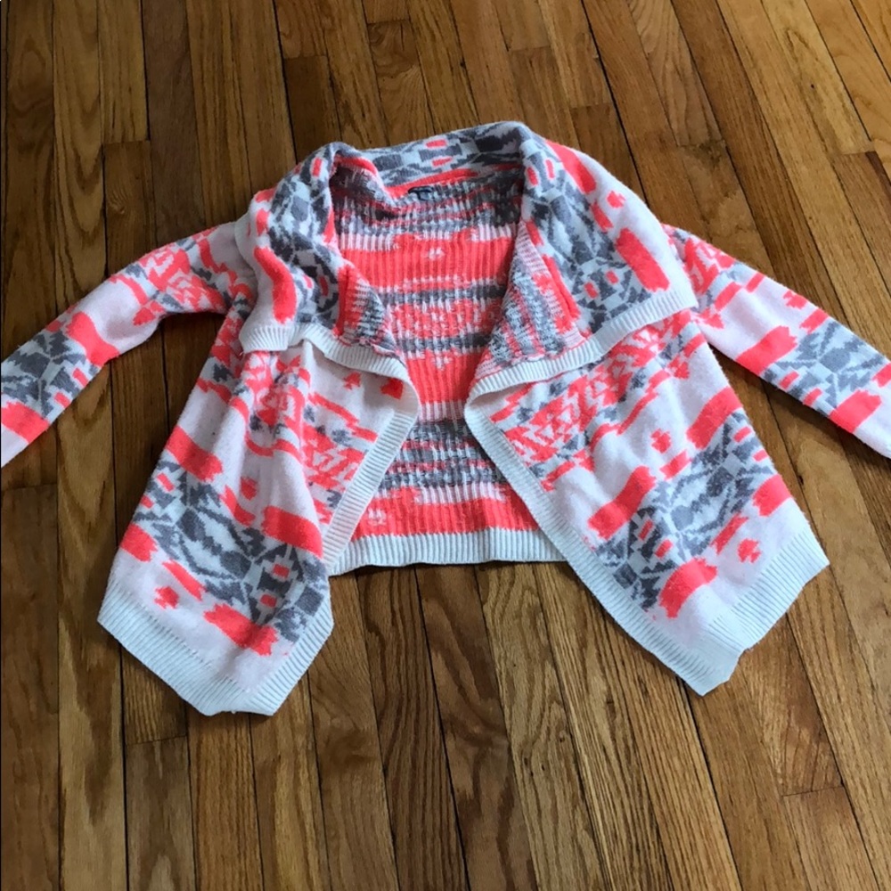 Pink, gray, and white print sweater